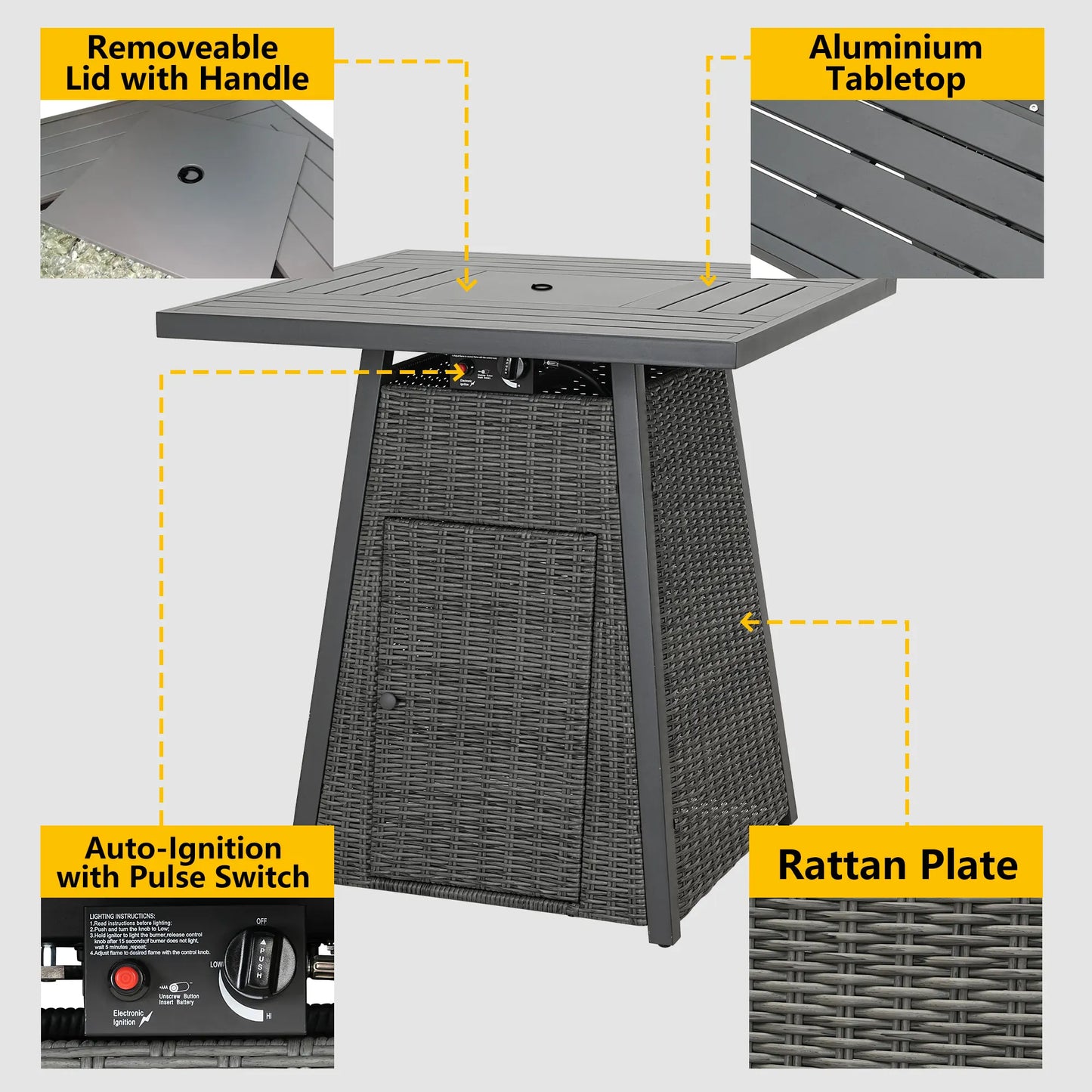 36 Inch Square Outdoor Fire Pit Table Wicker Propane High Fire Table with Glass Fire Beads