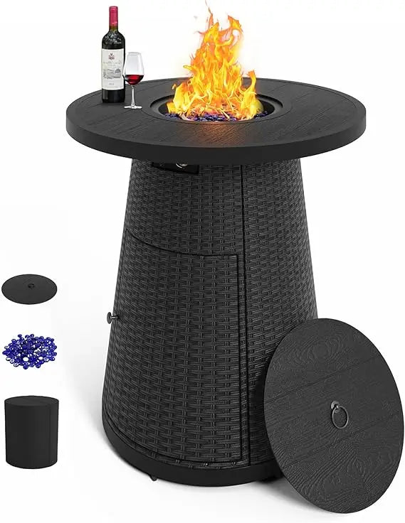 37 Inch Propane Fire Pit Table Outdoor Round Bar High Fire Tables Gas Firepits for Patio Wicker Firepit with Glass F