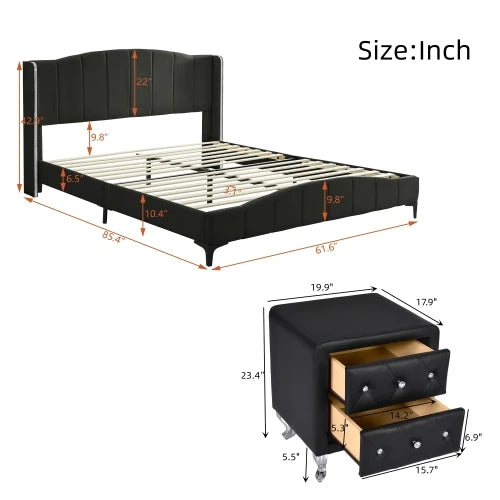 3 Pieces Bedroom Set with Queen Size PU Leather Upholstered Platform Bed and Elegant PU Nightstand with 2 Drawers in Black