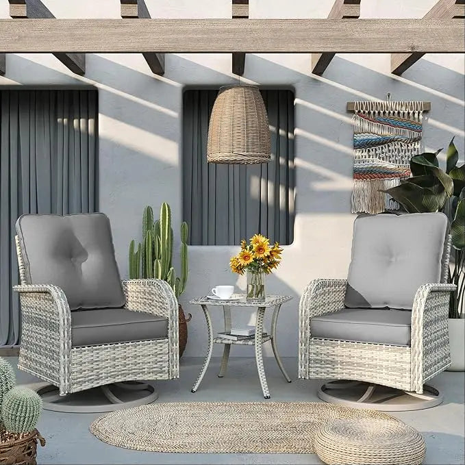 Patio Outdoor Rocking Swivel Chair Wicker Rattan Bistro Set with Tempered Glass Side Table Outdoor Furniture Set
