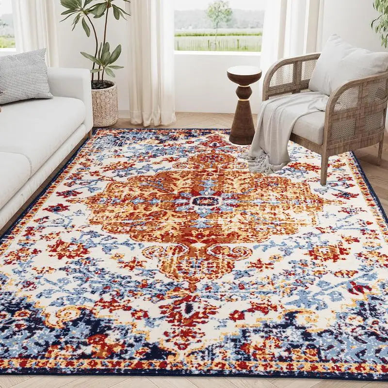 8x10 Vintage Bohemian Persian Non Slip Washable Area Rug Floral Design in Amber for Living Room Kitchen Bedroom