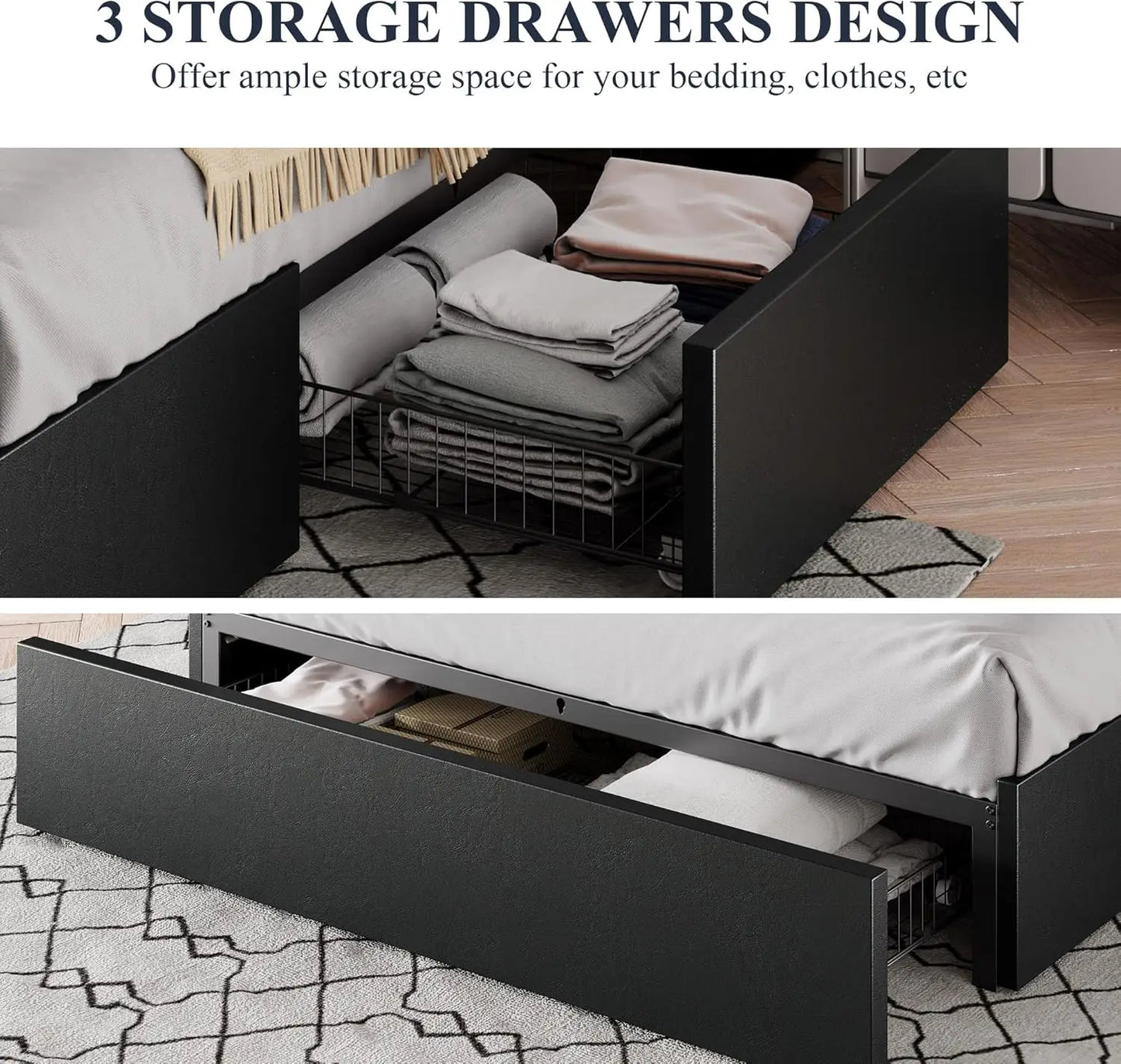 Full Size Platform Bed Frame with 3 Storage Drawers, Faux Leather Upholstered, Wooden Slats Support