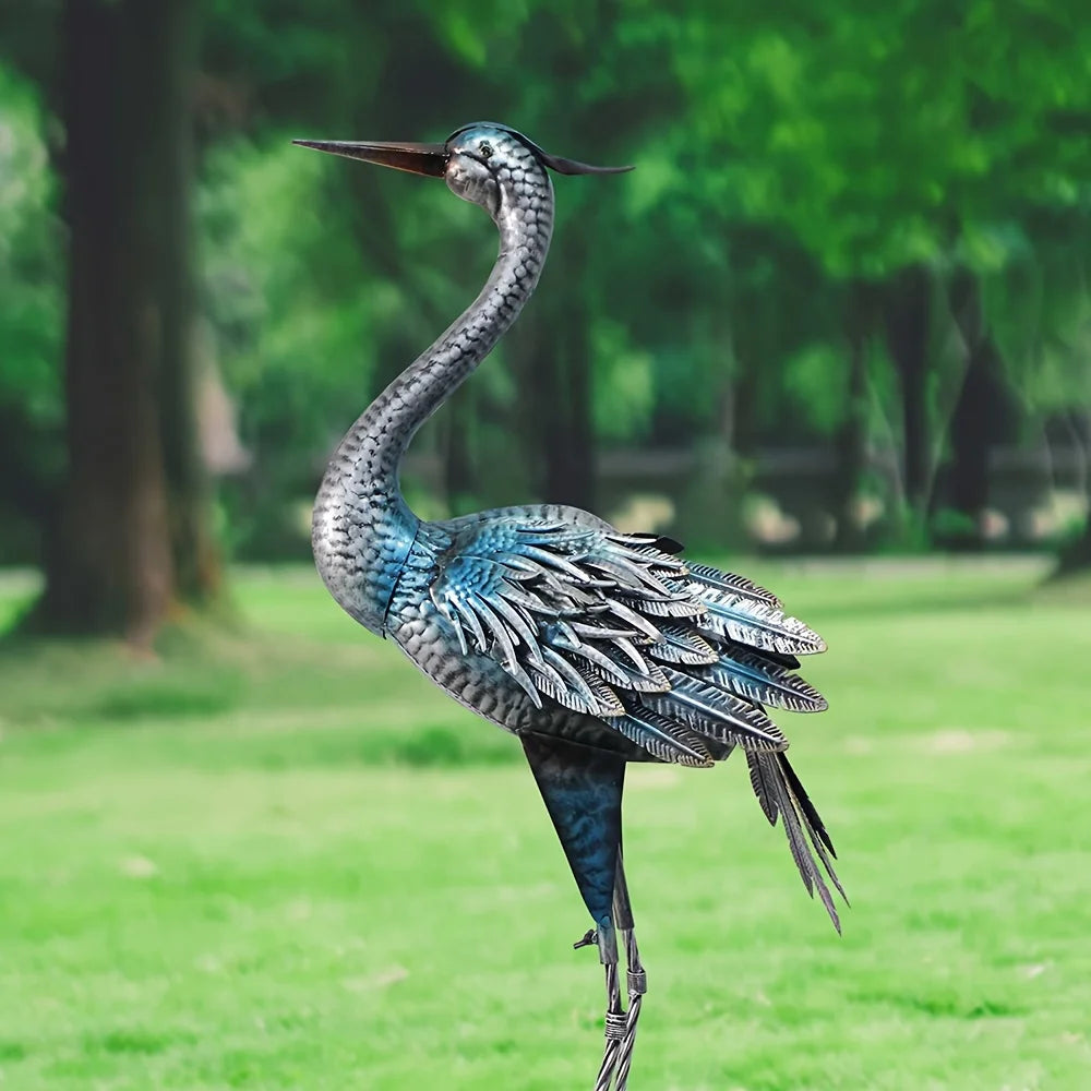 Elegant Blue Heron Metal Garden Statue 40 Inch Sturdy Outdoor Crane Sculpture for Patio and Lawn Decor