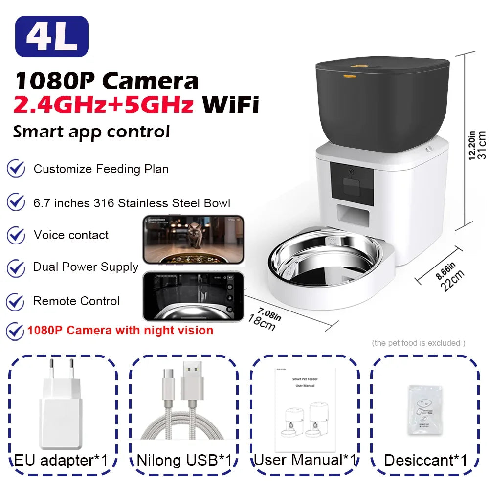 Automatic Dog Feeders with Camera 1080P HD 5G WiFi Pet Feeder Tuya App Control Automatic Cat Dog Food Dispenser Furpipi