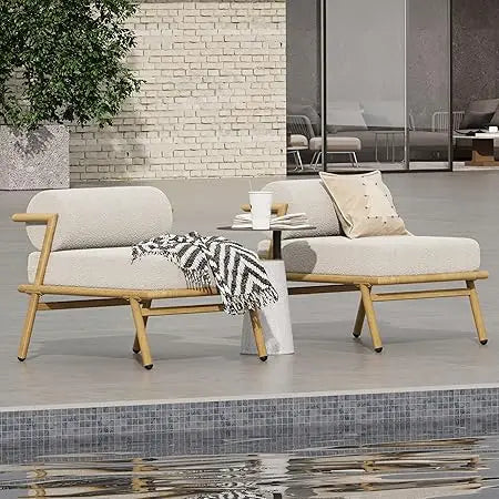 Outdoor Upholstered Lounge Chair Patio Teak Finished Iron Club Chair with Beige Cushion Stylish Comfortable Accent Chair