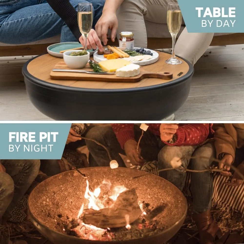 Cast Iron Fire Pit Table with Lid Extra Thick Heavy Duty Fire Bowl Deep Round Firepit for Outdoor Bonfire Gatherings Wood