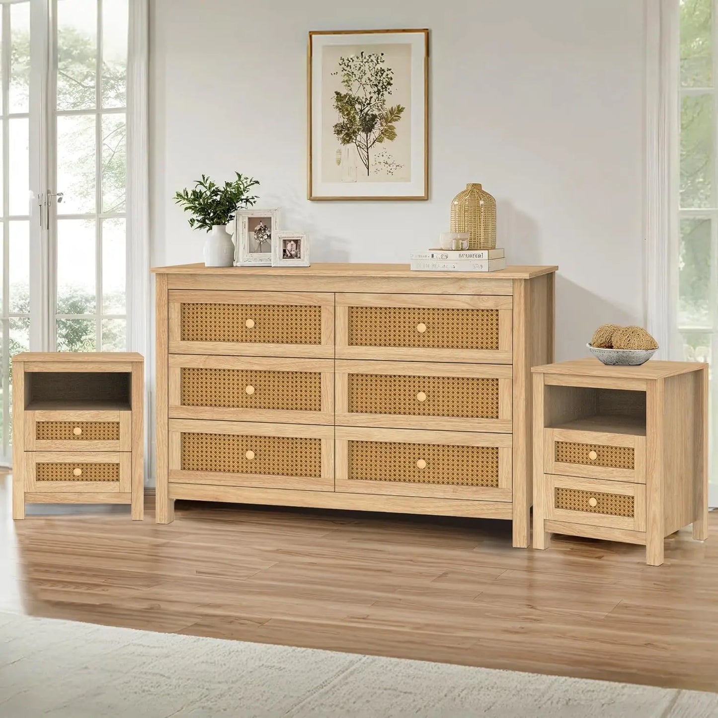 Farmhouse Bedroom Set 3 Pieces Rustic Wood 6 Drawer Dresser Nightstands Chest of Drawers Wide Storage