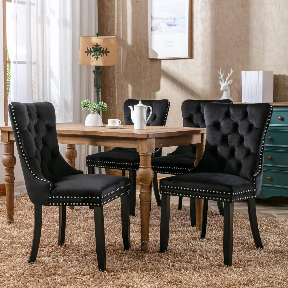 Black Velvet Dining Chairs Set of 4, Four Fabric Tufted Dinning Chairs, Velvet Upholstered, Wing Back,Metal Pull Ring