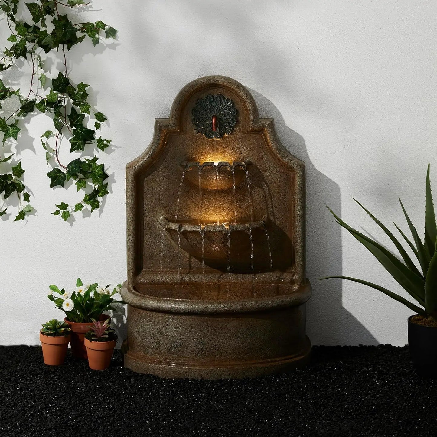 Outdoor Wall Mounted Water Fountain With LED Lights And Pump Oversized Antique European Style 3 Tier Polyresin Cascade