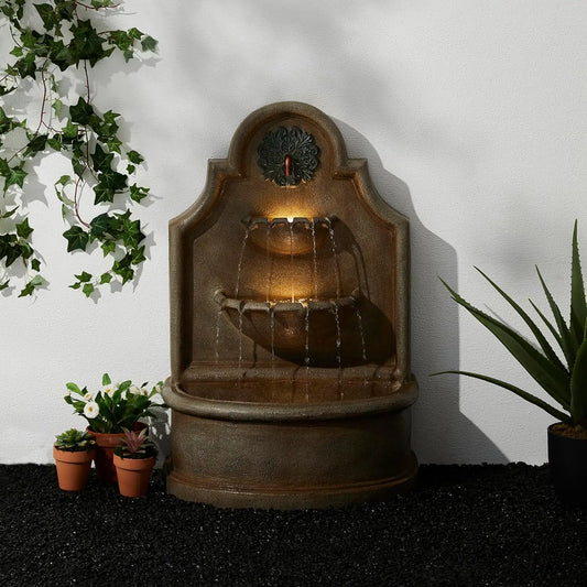 Outdoor Wall Mounted Water Fountain With LED Lights And Pump Oversized Antique European Style 3 Tier Polyresin Cascade