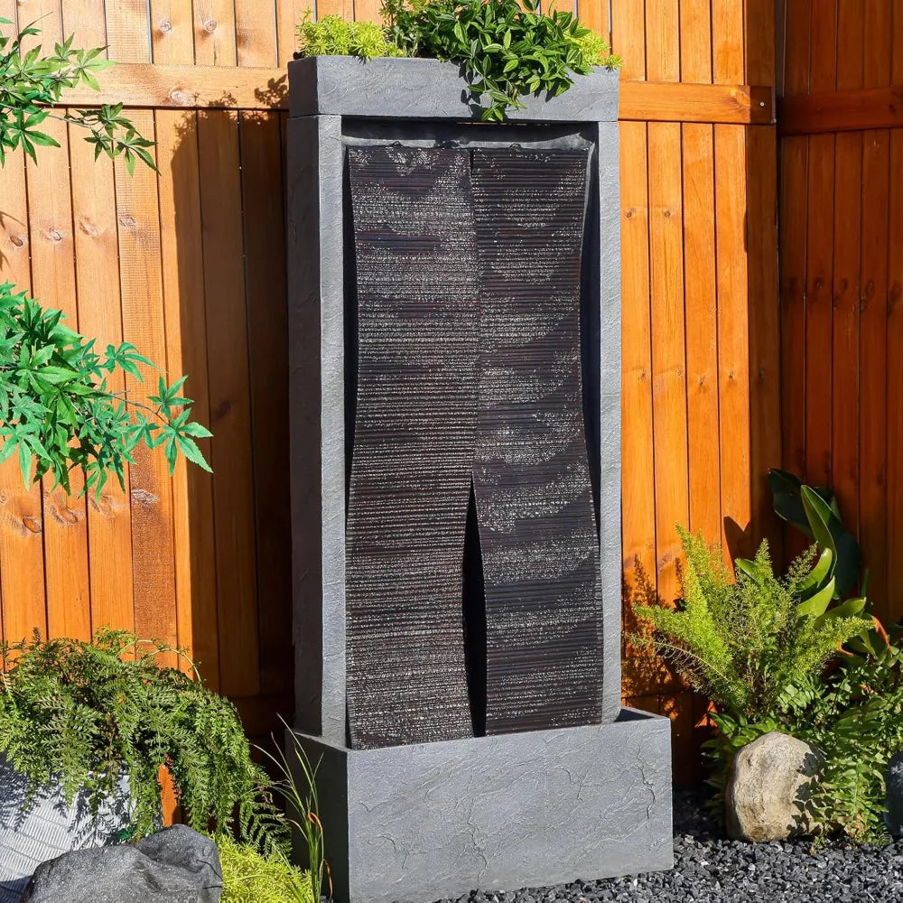 59 Inch Large Modern Curved Fountain With LED Lights For Gardens Courtyards And Floor Standing Waterfall Fountains