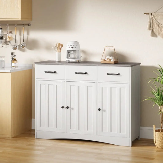 42 Inch Kitchen Storage Cabinet Wood Buffet Sideboard with 3 Doors and 3 Drawers Gray Countertop