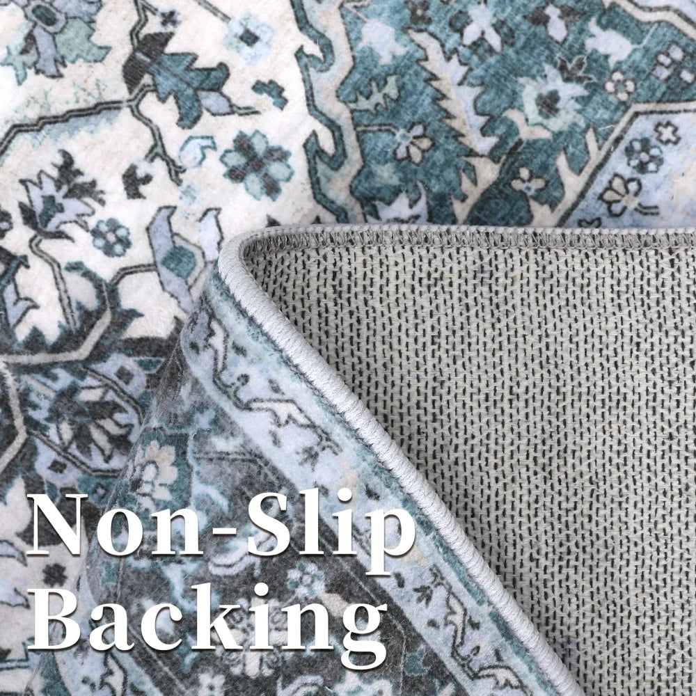 Washable Area Rugs 8x10 Living Room Rug Vintage Medallion Throw Rug Soft Floor Cover Low Pile Non Slip Accent Carpet Retro Design