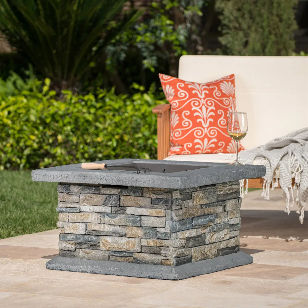 29x29 Inch Square MGO Fire Pit Fiberglass Reinforced Cement Outdoor Fire Table with Iron Shield for Patio and Backyard Entertaining