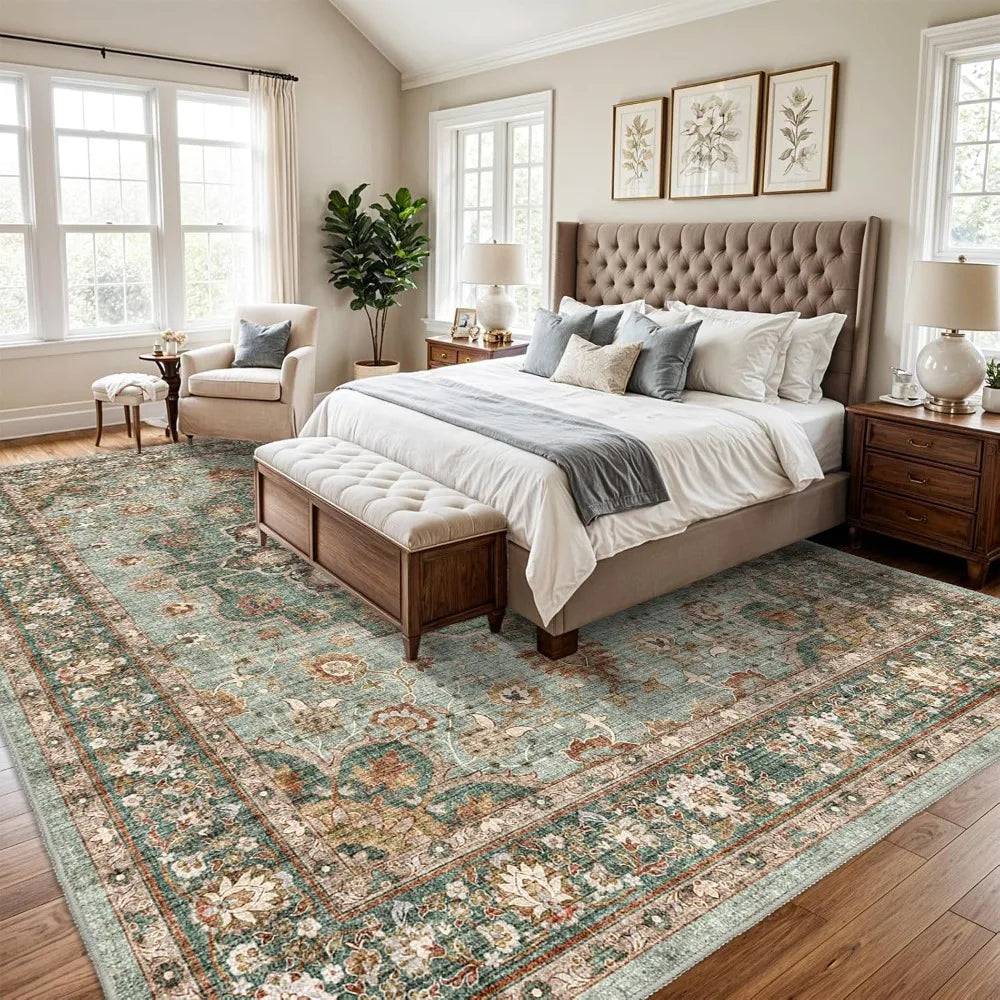 Washable Oriental Area Rug 10x14 Soft Carpet for Living Room Waterproof Floral Distressed Indoor Stain