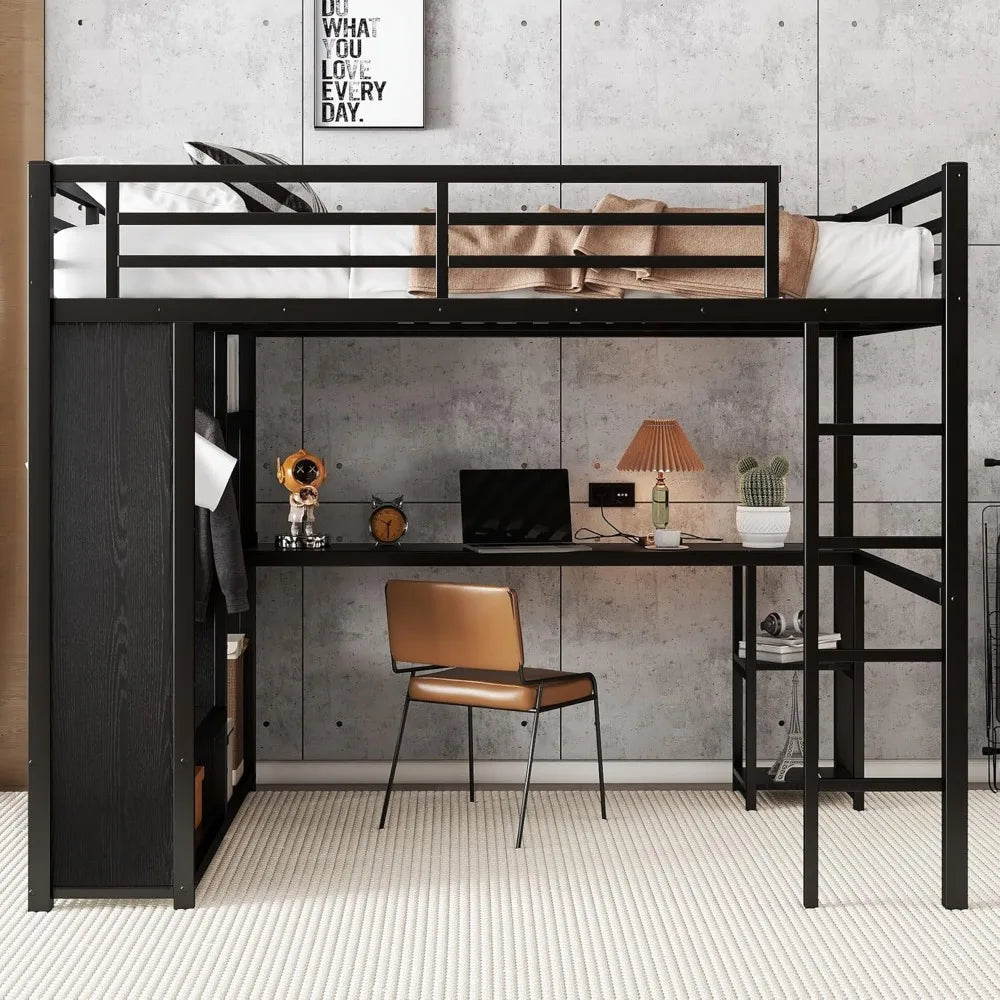 Queen Loft Bed with Desk and Storage Shelves, Queen Loft Bed with Wardrobe, Hanging Rod, Guardrail and Ladder, Balck