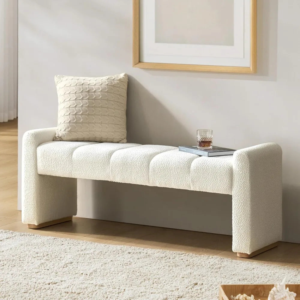 55 Inch Upholstered End of Bed Bench with Rubber Wood Legs Entryway Ottoman with Thick Padded Cushion for Bedroom and Living Room