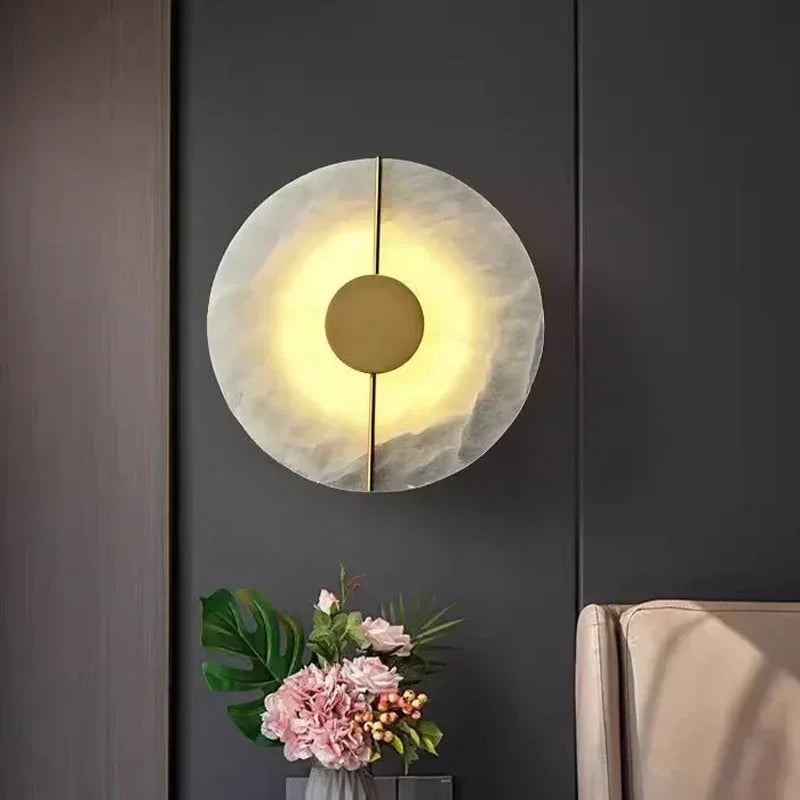 Modern Creative Marble Wall Lamp Alabaster Moon Gold Copper Indoor Decoration LED Sconce Round Design for Living Room Bedroom Foyer Study