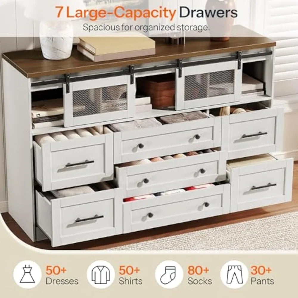 White Farmhouse Dresser for Bedroom 55.1 Inch Large Wooden Chest of Drawers 7 Drawer Long Dresser