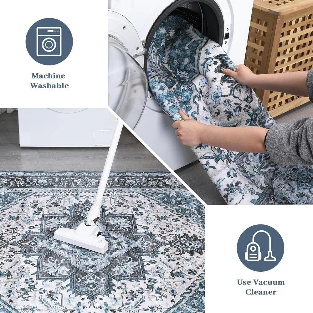 Washable Area Rugs 8x10 Living Room Rug Vintage Medallion Throw Rug Soft Floor Cover Low Pile Non Slip Accent Carpet Retro Design