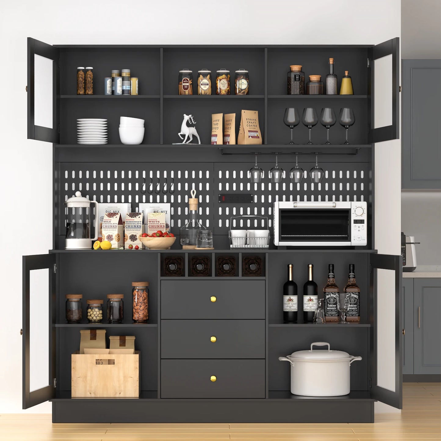 Pantry Cabinet Kitchen Storage Cabinet Freestanding Buffet Hutch with Pegboard Cup Holder Power Outlet Black