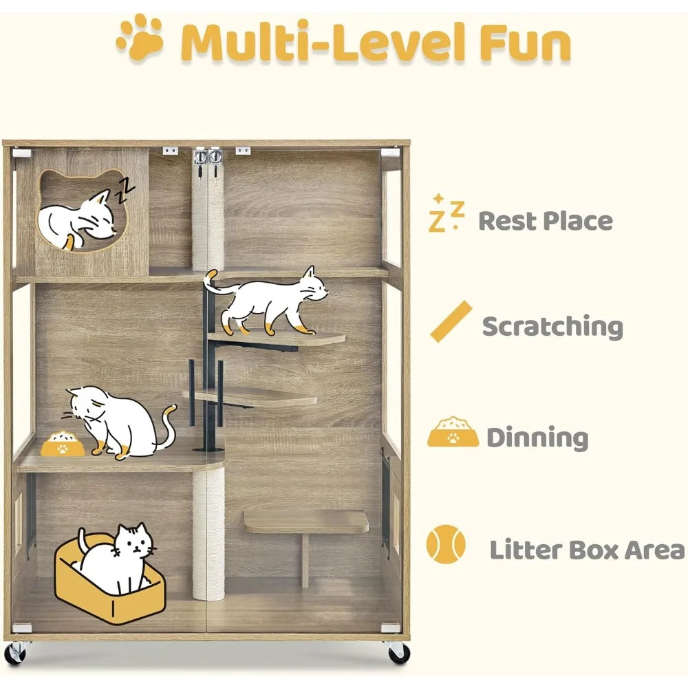 Wooden Cat House with Scratching Posts Luxury Large Cat Condo with Lockable Wheels Indoor Kitten Cage with Escape Door