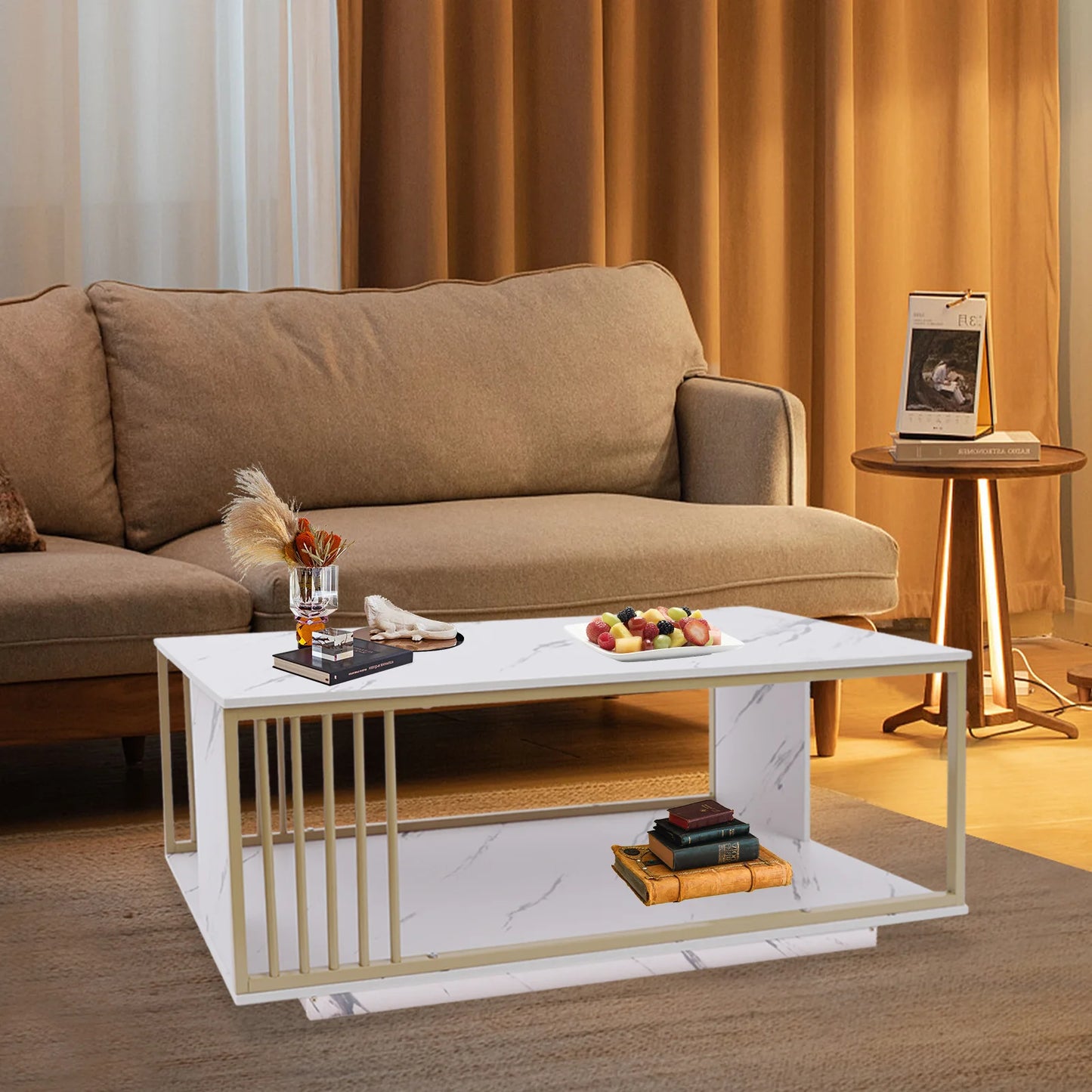 Modern 2 Tier White and Gold Coffee Table High Gloss Marble Veneer Rectangle Living Room Furniture