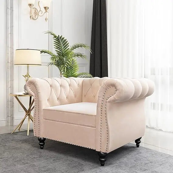 Accent Chair, Chesterfield Chair Modern Velvet Upholstered Chairs with Tufted Back for Living Room Furniture (White)