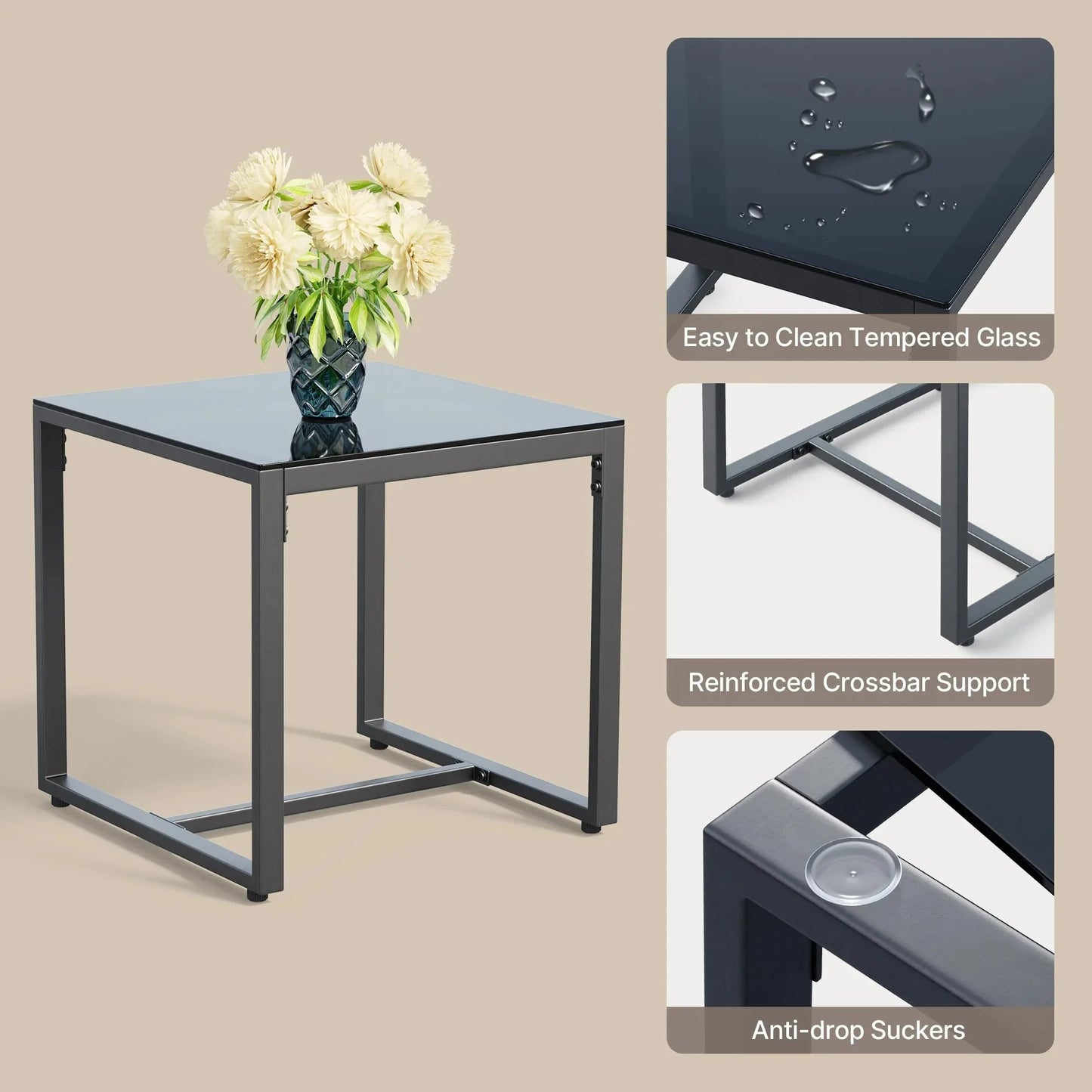 3 Piece Patio Chair Set with Glass Coffee Table Outdoor Rattan Furniture for Garden Porch Bistro Yard Gray Cushion