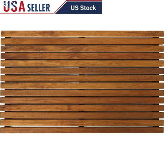 Teak Wood Shower Door Mat Slip Resistant Spa Experience Indoor Outdoor Use Easy Care 31.5 x 19.5 Inch Natural Warm Surface