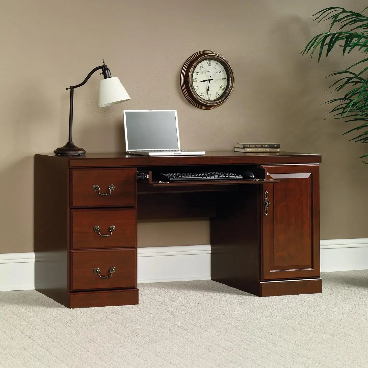Sauder Heritage Hill Computer Credenza, L: 59.25" x W: 20.47" x H: 30.24", Classic Cherry, 404944