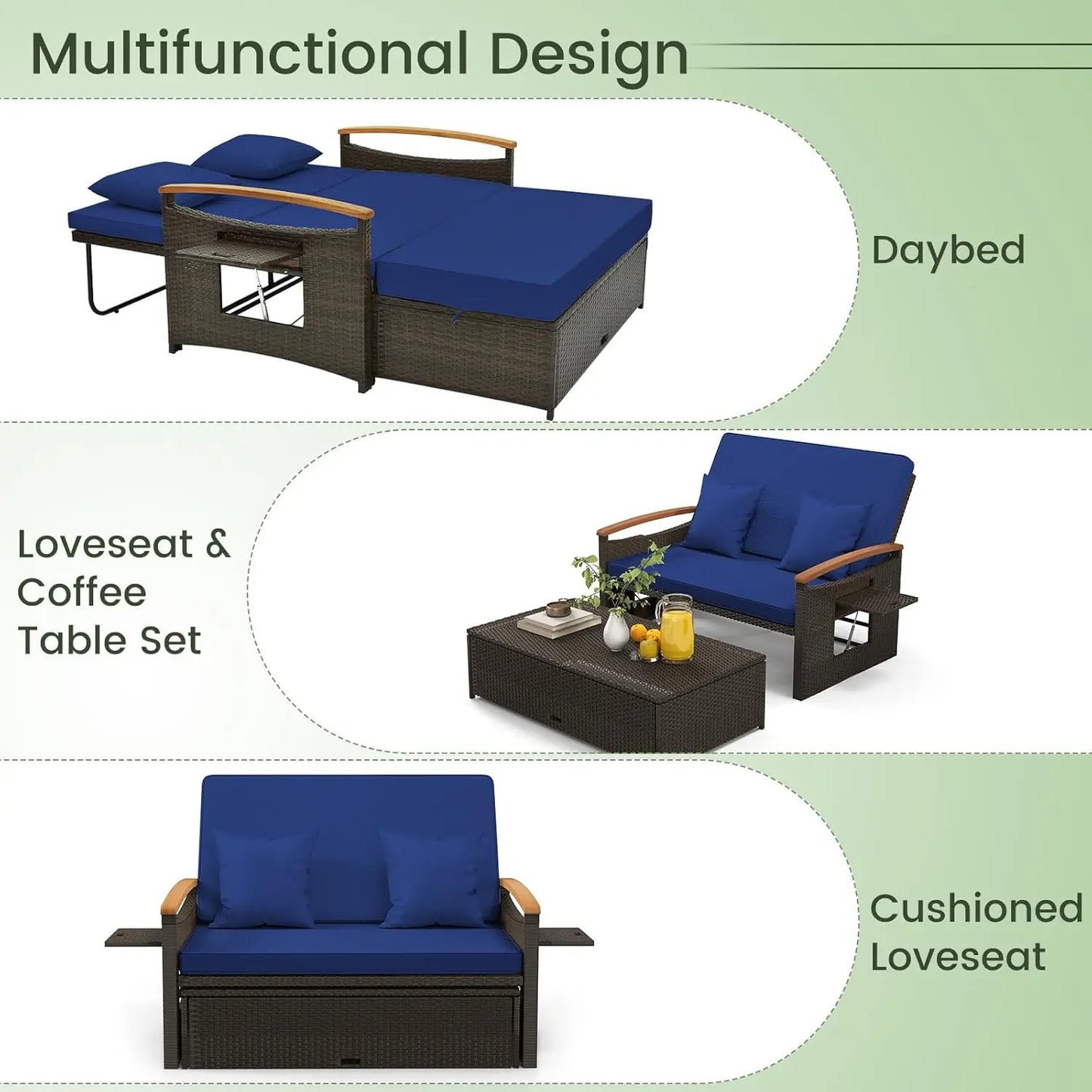Moccha Outdoor Wicker Daybed Patio Rattan Loveseat Sofa with 4-Level Adjustable Backrest Folding Panels and Storage Ottoman