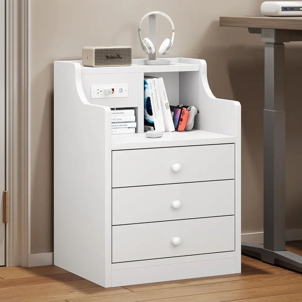 Nightstand with Charging Station and 3 Storage Drawers Modern Bedside Table with Hutch