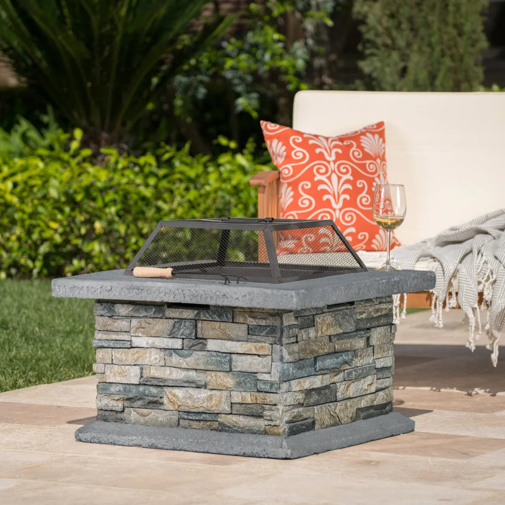 29x29 Inch Square MGO Fire Pit Fiberglass Reinforced Cement Outdoor Fire Table with Iron Shield for Patio and Backyard Entertaining