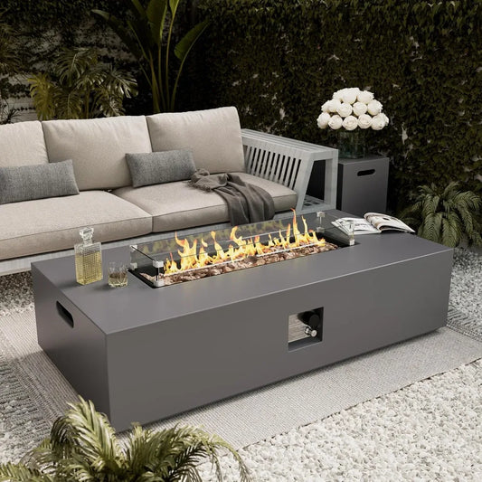 56 Inch Outdoor Propane Gas Fire Pit Table for Patio with Propane Tank Cover 50000 BTU Concrete Rectangle Fire Pit