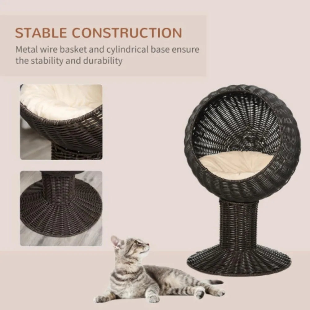 27-inch Cat Bed, Rattan Cat House, Elevated Cat House, Kitten Scratching House, with Mat, Dark Brown