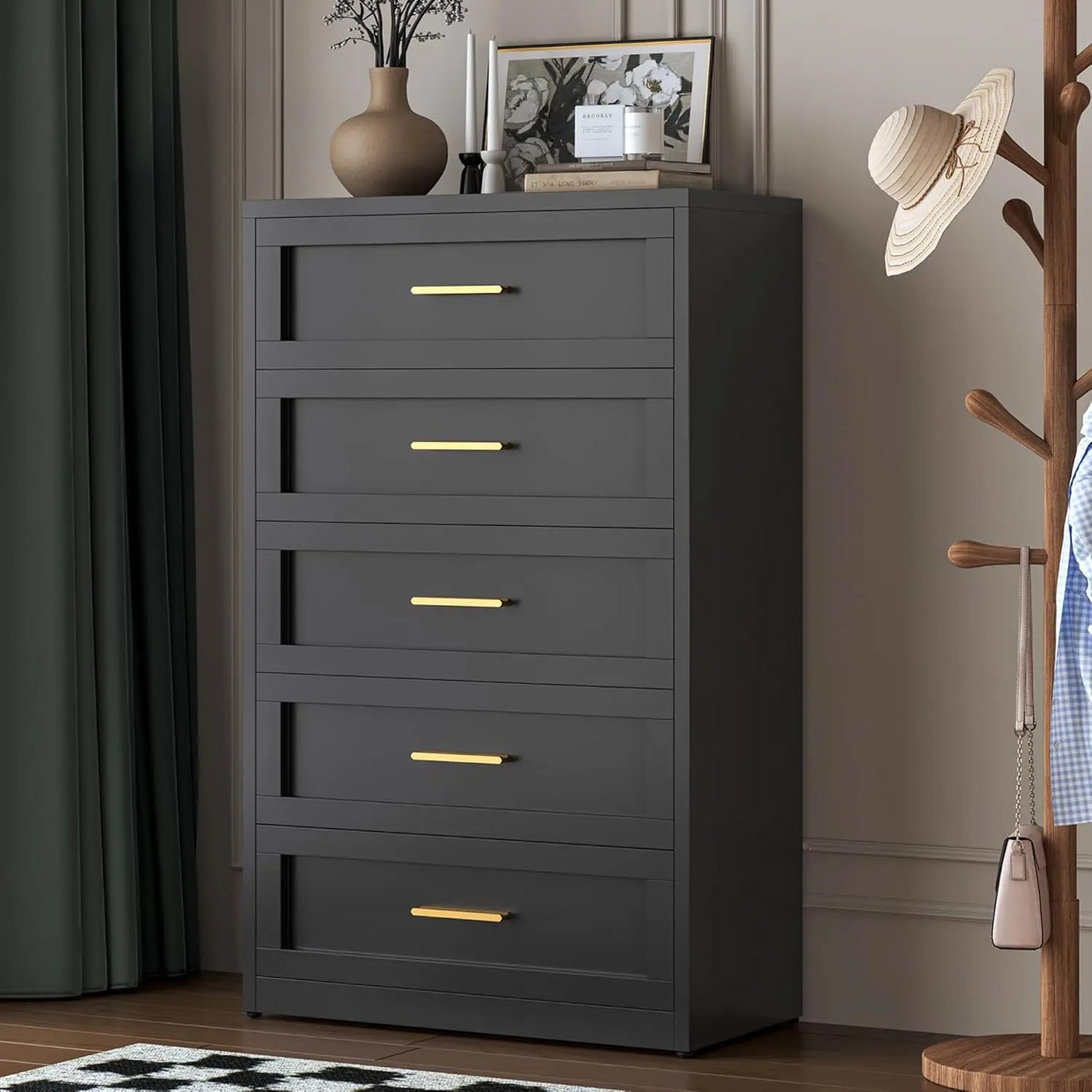 5 Drawer Metal Dresser for Bedroom Tall White and Gold Dresser for Closet Modern Metal Chest of Drawers