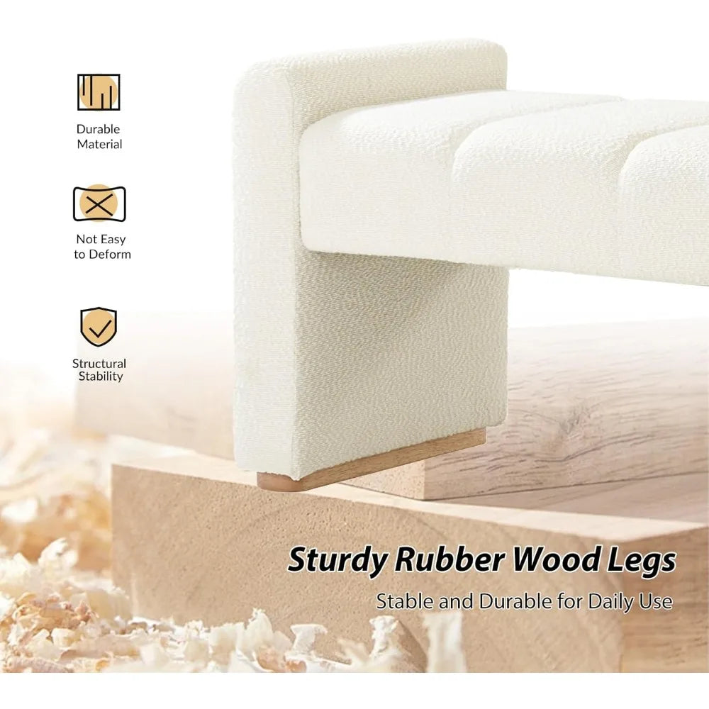 55 Inch Upholstered End of Bed Bench with Rubber Wood Legs Entryway Ottoman with Thick Padded Cushion for Bedroom and Living Room