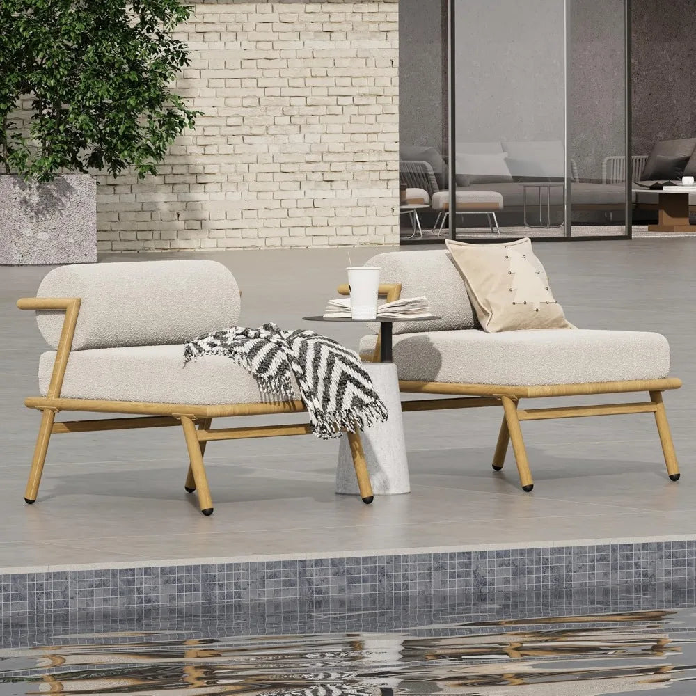 Outdoor Upholstered Lounge Chair Patio Teak Finished Iron Club Chair with Beige Cushion Stylish Comfortable Accent Chair