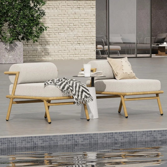 Outdoor Upholstered Lounge Chair Patio Teak Finished Iron Club Chair with Beige Cushion Stylish Comfortable Accent Chair