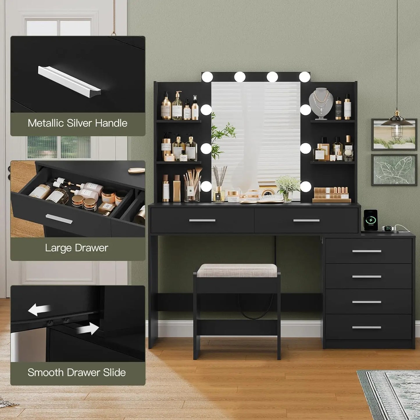 Quimoo 48 Inch Large Vanity Desk with Mirror and Lights Makeup Vanity with Six Drawers Power Outlet and Makeup Mirror Desk Table