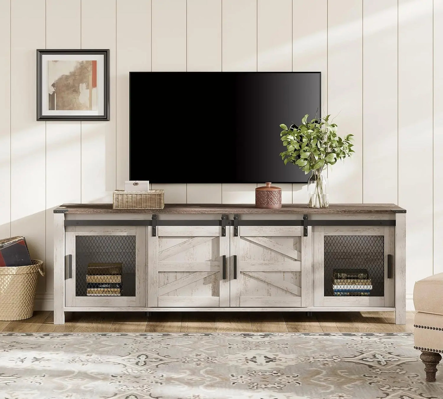 Farmhouse TV Stand for 75 inch TV, 70" Wood Sliding Barn Door Media TV Console Table with Storage Shelf, Entertainment Center