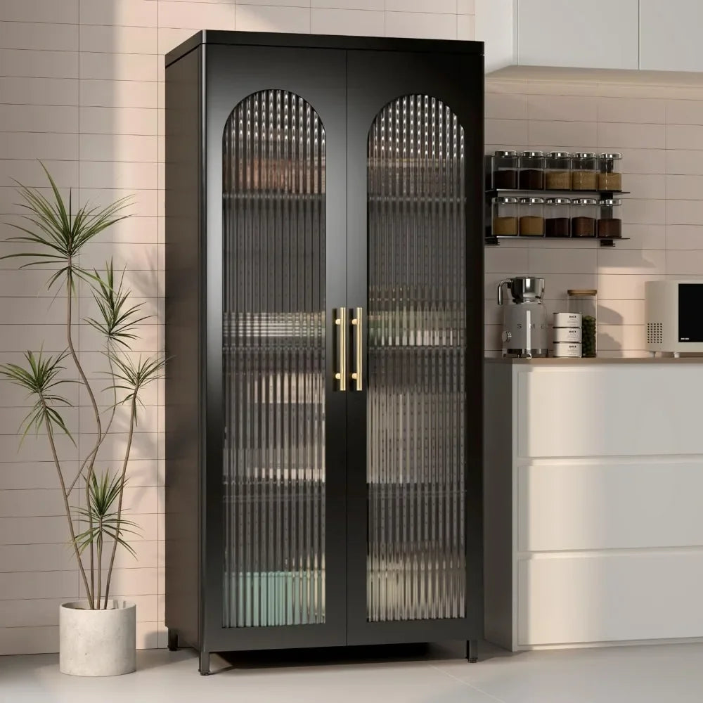 Kitchen Cabinet Metal Sideboard Storage Cabinet with Glass Doors and Adjustable Shelves