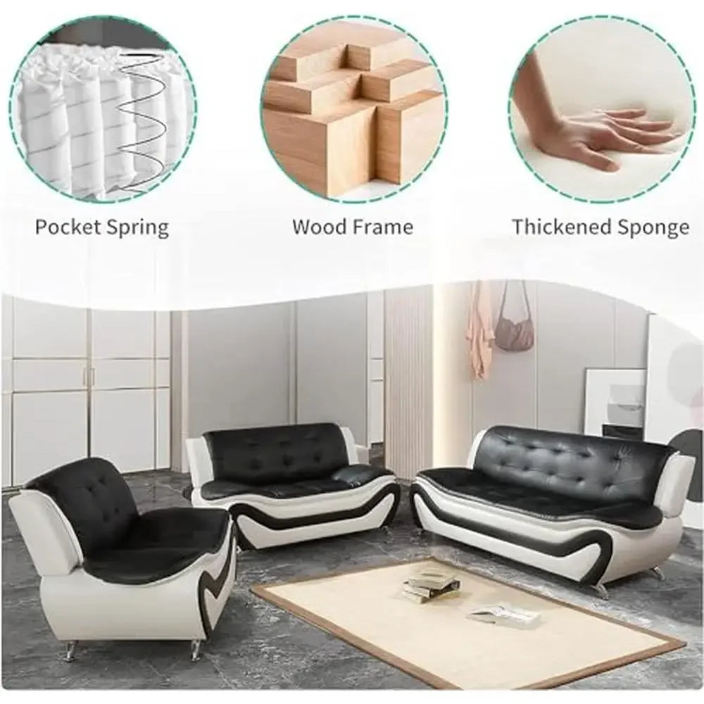 Contemporary Vegan Leather Sofa Living Room Furniture Set 3 Pieces Black White Ergonomic Design Breathable Faux Leather Upholstery