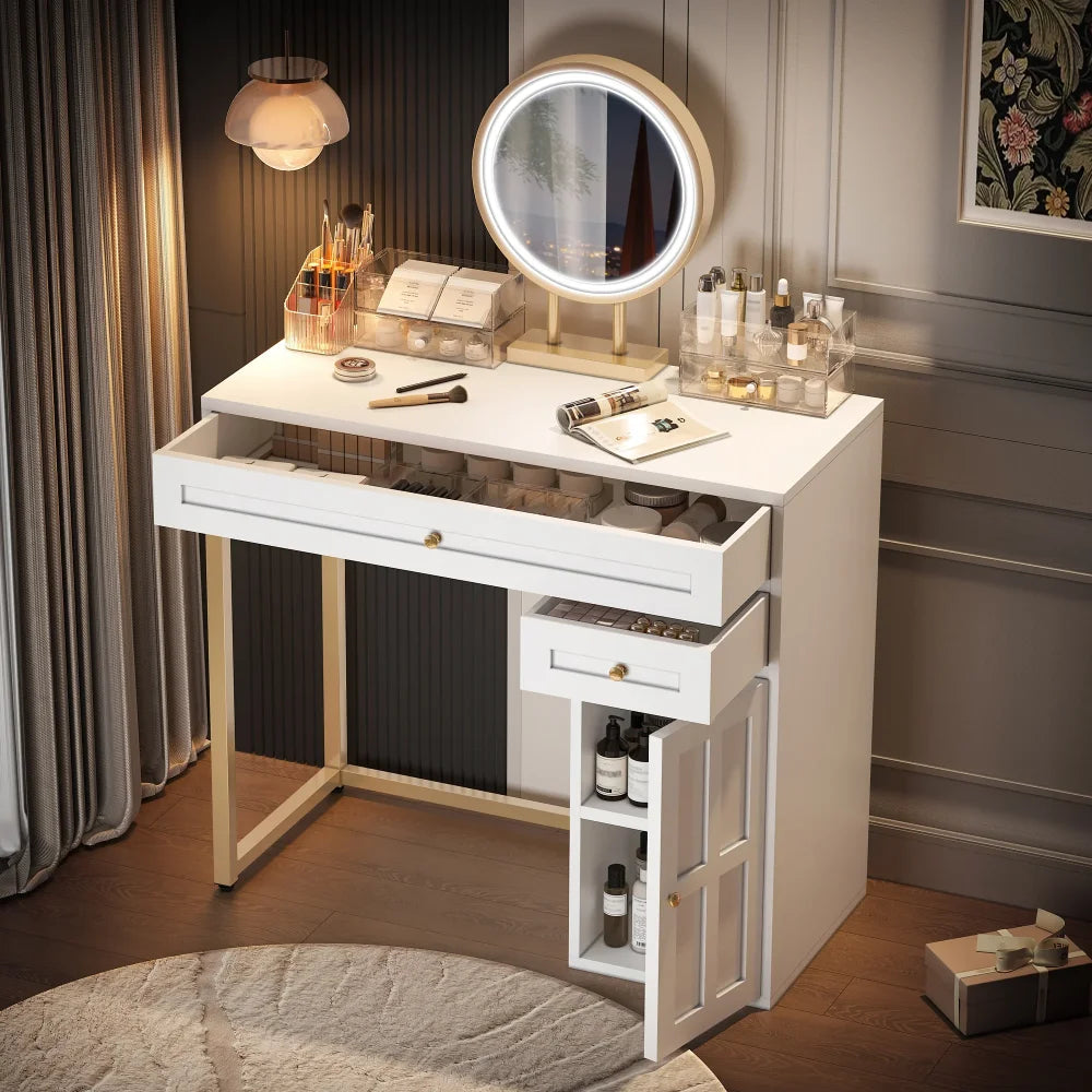 Makeup Vanity Desk with Mirror Luxury Vanity Desk with 2 Drawers 1 Cabinet and 3 Lighting Modes Dressing Table for Bedroom