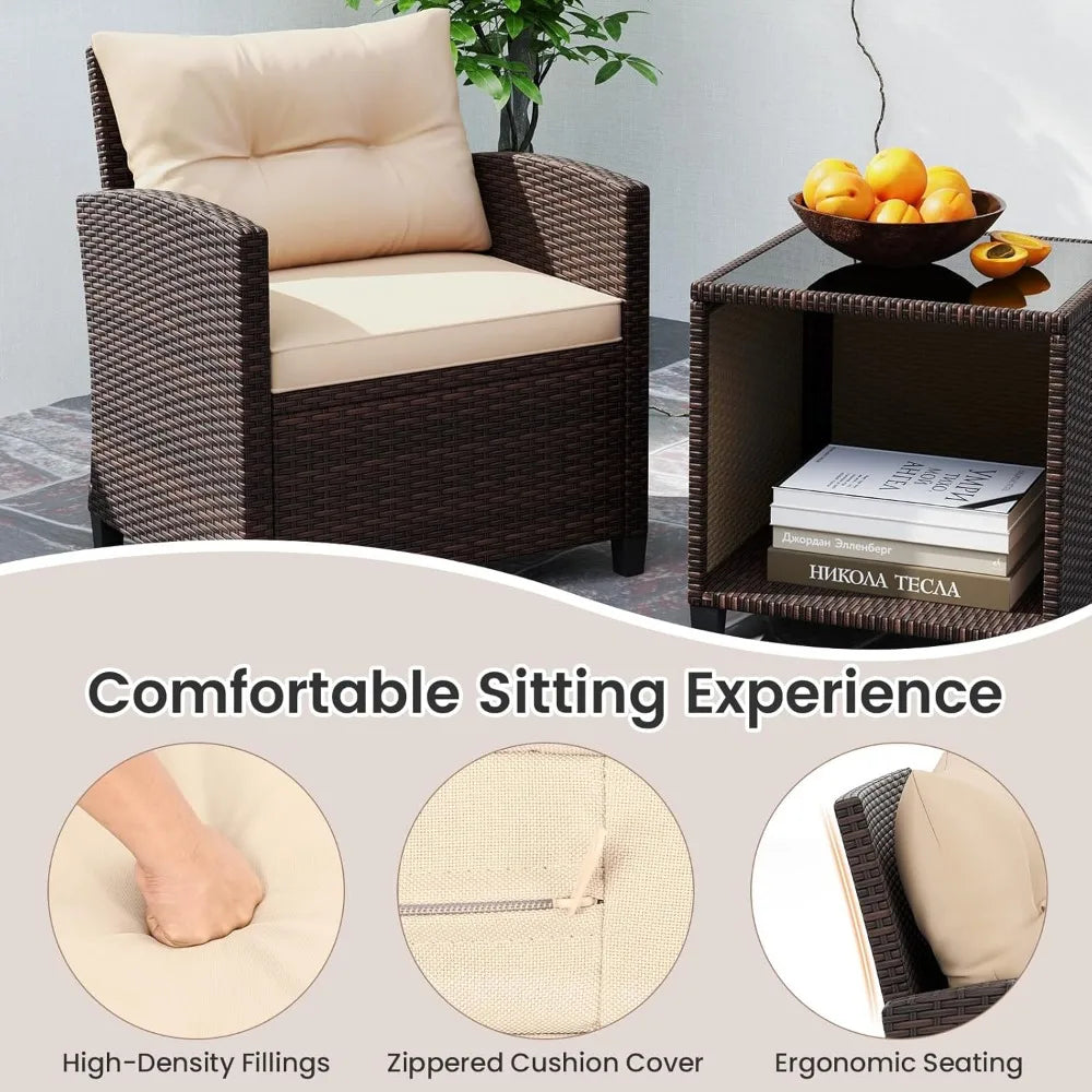 3 Piece Patio Furniture Set Outdoor Conversation Set with Washable Cushions and Storage Table PE Rattan Wicker Bistro Set