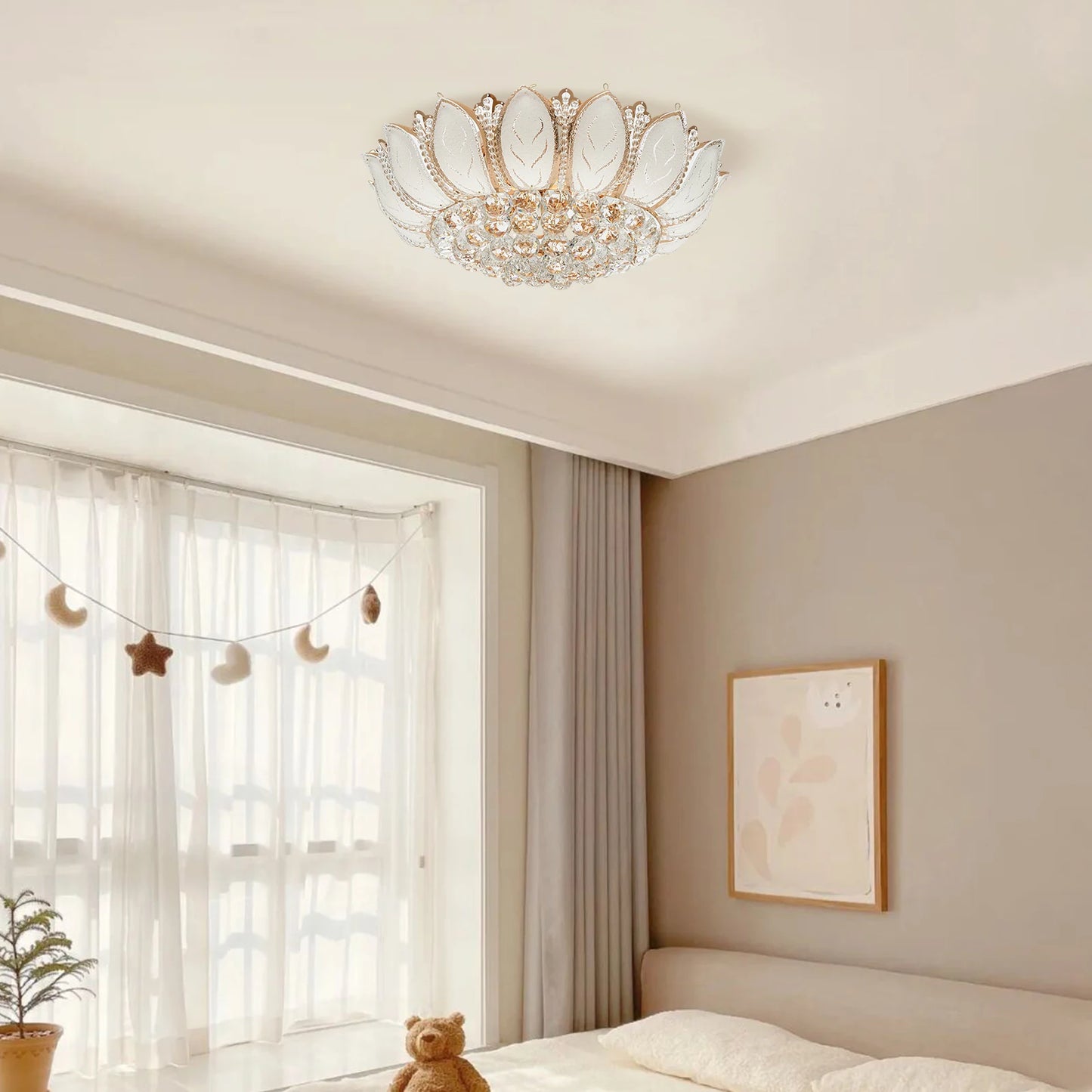Modern Crystal Chandelier Dimmable Luxury Flush Mount LED Ceiling Lamp Lotus Flower Shape Pendant Lighting Fixture 110V Gold