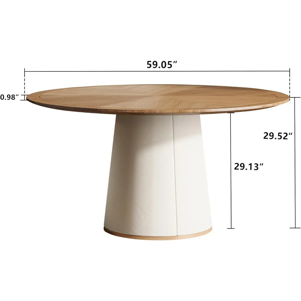 Round Faux Leather Base Dining Table for 4 to 6 People Modern Wood Kitchen Table with Round Solid Wood Veneer Top Ideal for Living Room