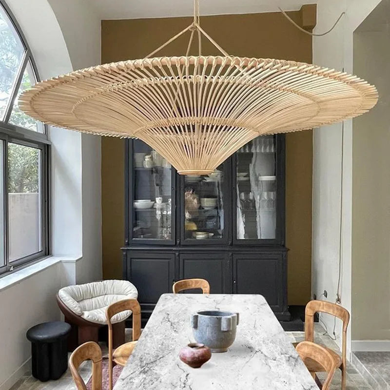 Vintage LED Pendant Light Nordic Umbrella Handmade Rattan Lamp for Living Room Bedroom Dining Room Table