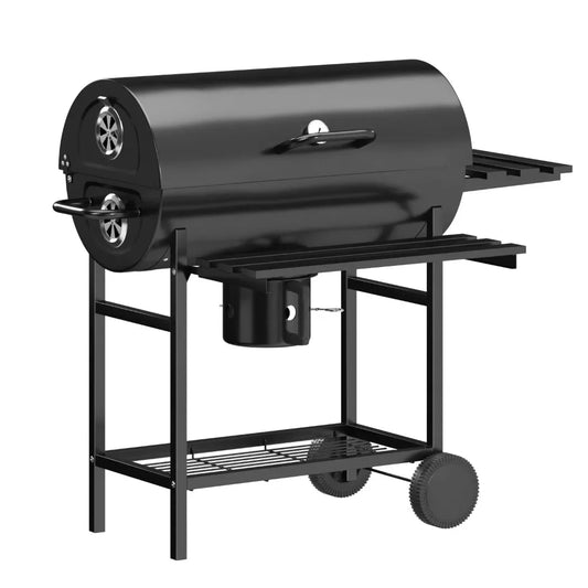 29 Inch Barrel Outdoor Charcoal Grill with Side Shelf and Wheels Black Generous Cooking Space